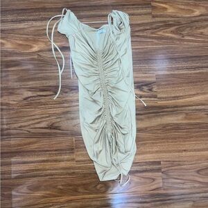NWOT Oh Polly Ruched Tan mini Dress with Tie Details
